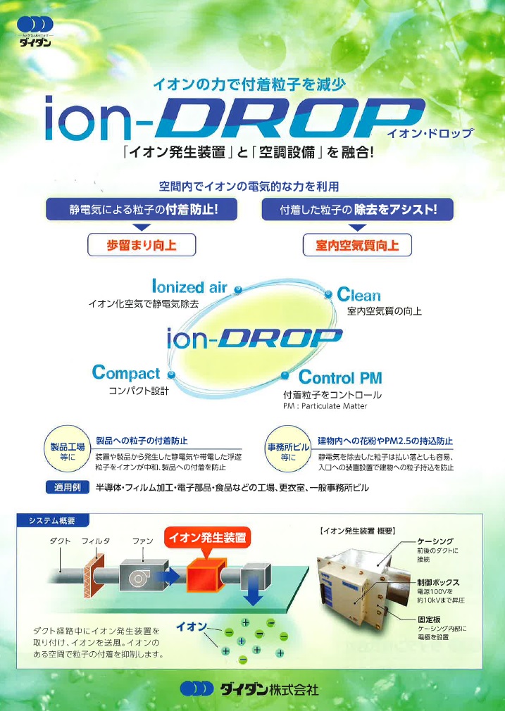 『ion-DROP　イオン・ドロップ』　イオンの力で付着粒子を減少　「イオン発生装置」と「空調設備」を融合！